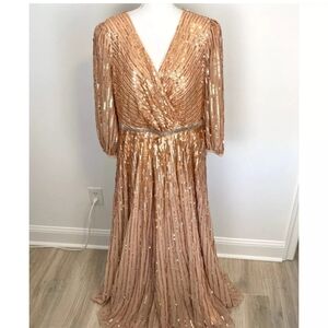 Mac Duggal Sequined Wrap Over 3/4 Sleeve Gown Apricot 5509 Size 18 NEW MSP$439